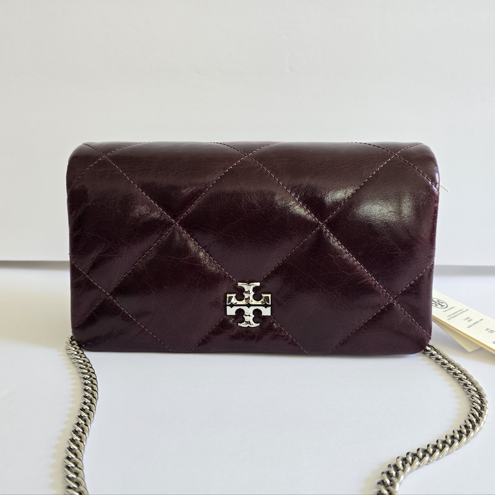 Tory Burch Kira Diamond Distressed Leather Chain Wallet Dark Carmine - Picture 9 of 14